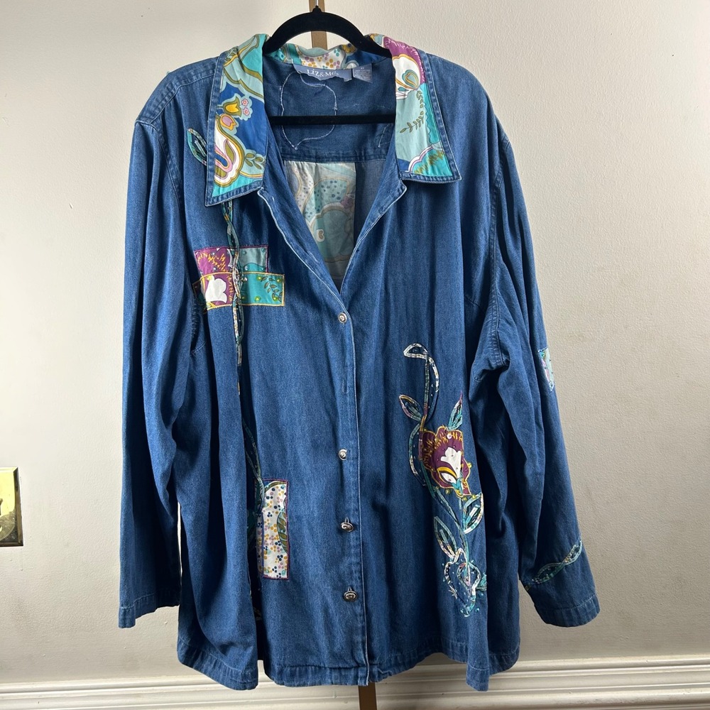 Liz & Me Denim Button Down Women 4X Blue Embroidered Floral Paisley pactchwork